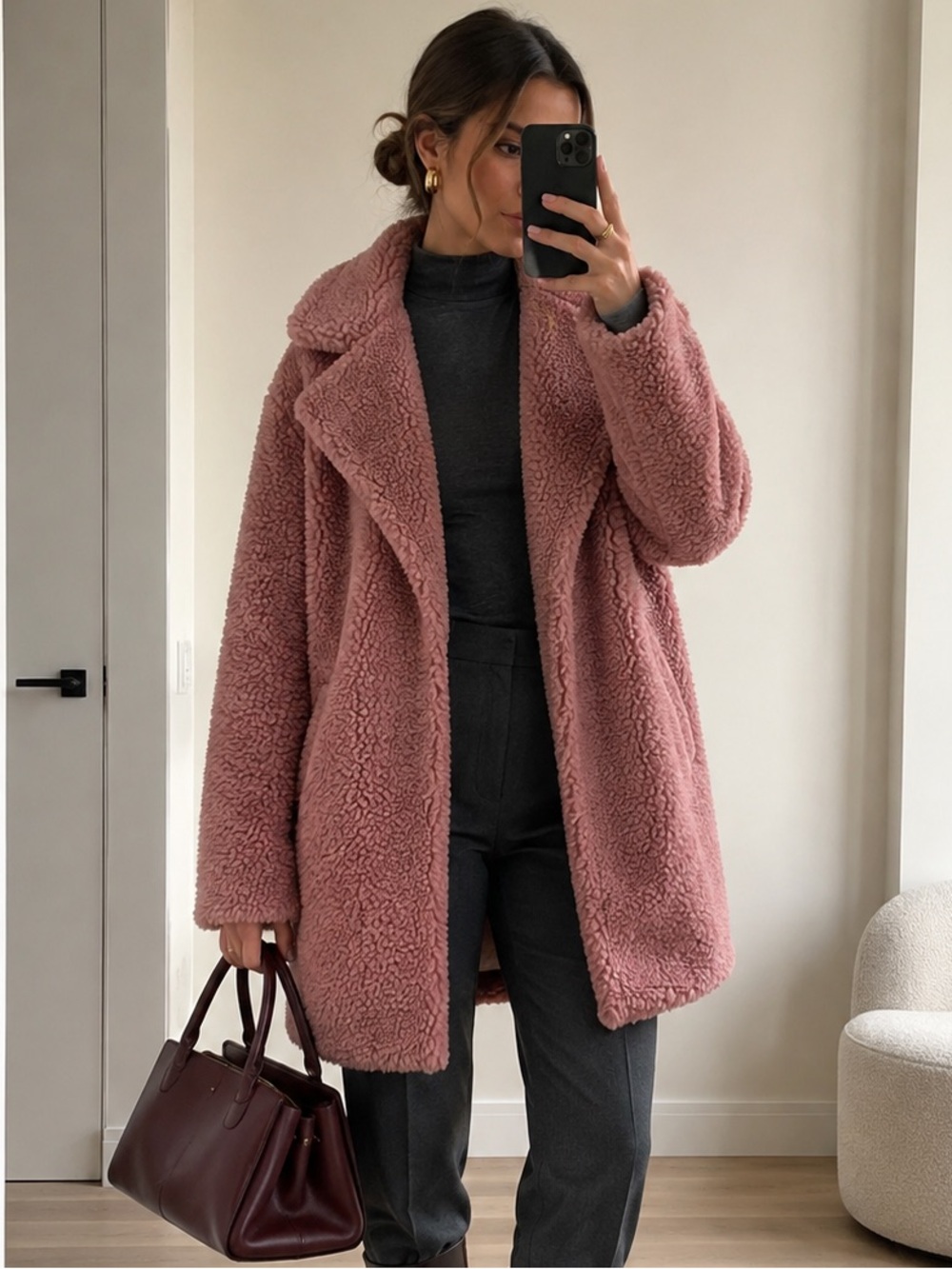 Abercrombie & Fitch Teddy Sherpa Coat Dusty Rose Pink Longline Size XS
